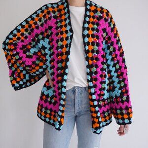 Vintage Handmade Crochet Granny Square Cardigan Multicolor Boho Sweater Cape M